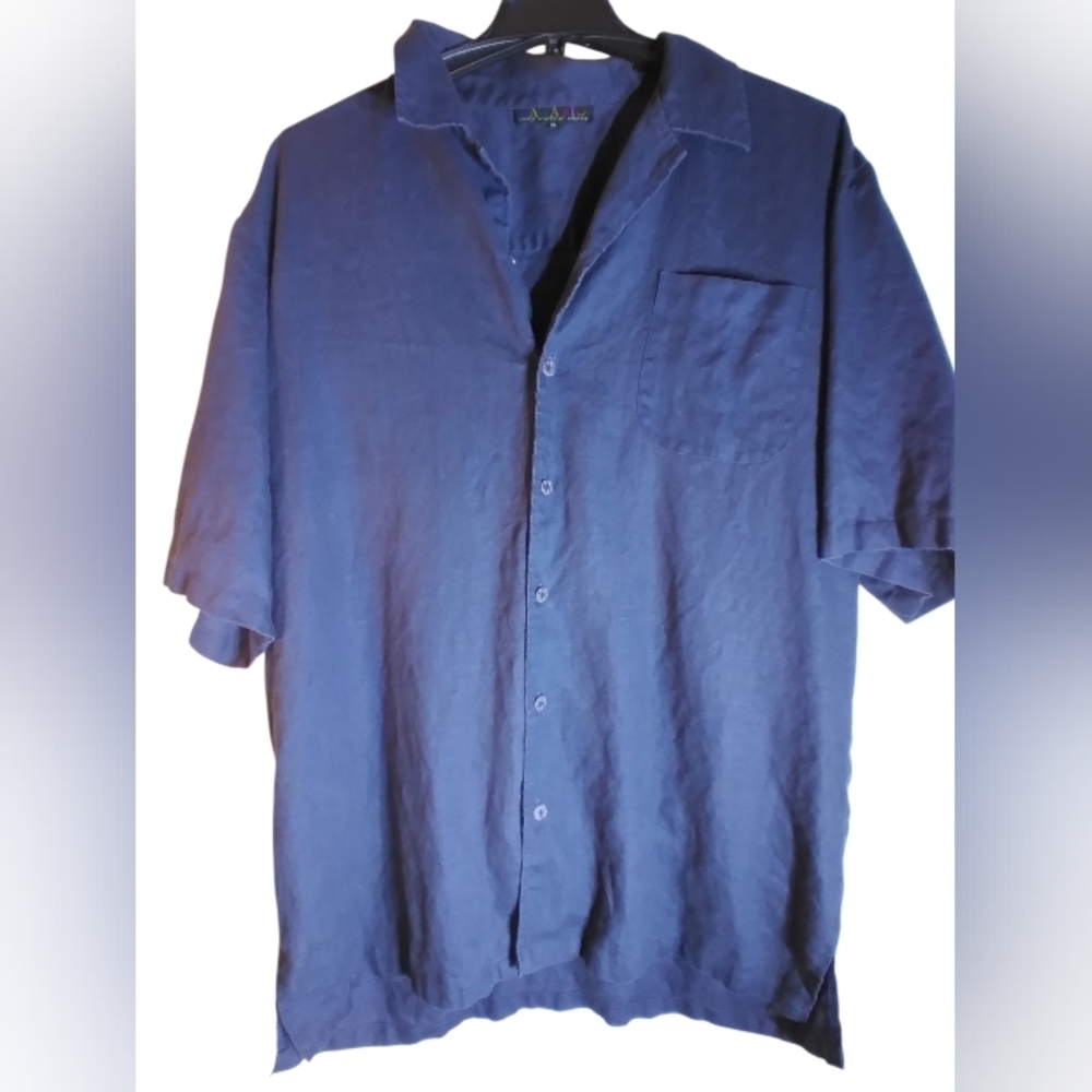 Bagazio Mens 100 % Linen Blue Button-Up Shirt Size XL Short Sleeve Office Work